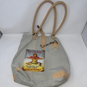 Vintage Addiction Canvas Tote Bag Leather Handles Retro Print Patch